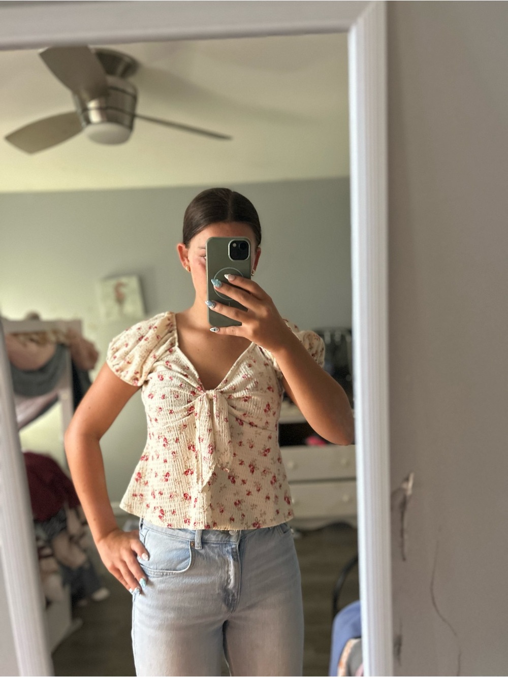 Floral Tie-Front Puff Sleeve Top - Cream with Pink Floral
